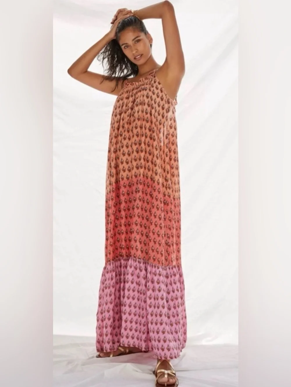 By Anthropologie Flounced Maxi Lounge Dress in Coral Floral size Medium - Picture 2 of 9